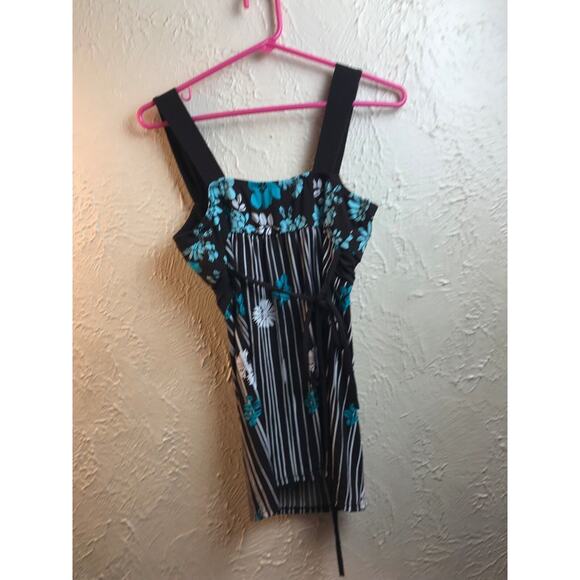 Speechless Juniors Babydoll Top Sleeveless Brown Blue Floral Striped Size Small - Picture 2 of 3